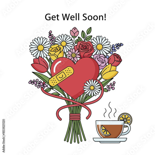 Get Well Soon greeting card with a bouquet of flowers and a bandaged heart.