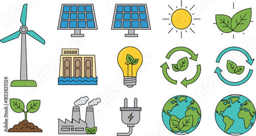 Renewable energy icons set with wind turbine, solar panels, eco light bulb, recycling symbols, green leaves, sustainable power, clean environment, global ecology illustration, eco-friendly design
