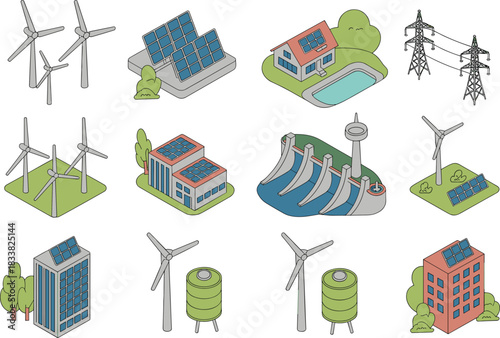 Renewable energy infrastructure icons, wind turbines, solar panels, hydroelectric dam, transmission towers, green storage tanks, sustainable power, isometric vector, eco-friendly energy sources