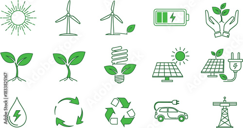 Set of green eco energy icons including solar panels, wind turbines, electric vehicles, recycling symbols, sustainability graphics, renewable resources and environmental conservation illustrations