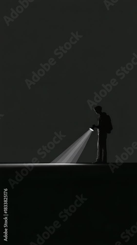 A lone figure uses a flashlight to navigate a dark, unknown space. The beam of light searches forward, then illuminates the ground below.