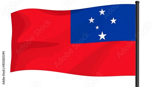 Digitally rendered flag on a pole, waving slightly. Features a field of red with a blue canton showcasing five white stars Free Download Digitally rendered flag on a pole, waving slightly. Features a field of red with a blue canton showcasing five white stars - GFXLoad