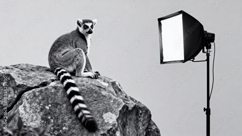 Fototapeta premium Lemur sitting on rock with lighting