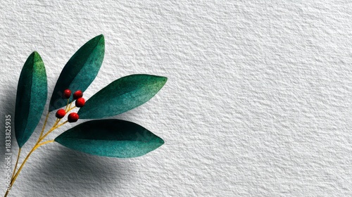 A sprig with dark green leaves and vibrant red berries on a textured white background