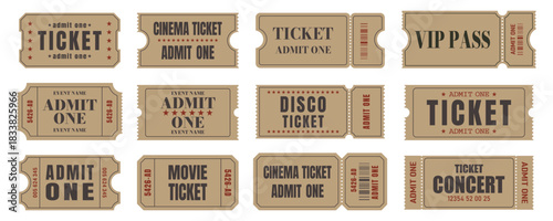Set of vintage paper tickets and passes for cinema, concert, disco, and events.Vector