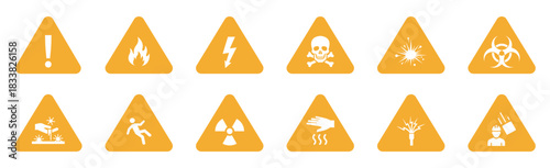 Hazard and warning signs set with solid orange triangular symbols indicating toxic, flammable, electrical, biohazard, explosion, slipping and chemical dangers for safety awareness – stock vector