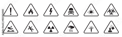 Hazard and warning signs with various danger symbols including toxic, flammable, electrical, biohazard, explosion, slipping and chemical risks shown inside triangular caution shapes – stock vector