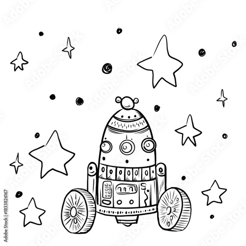 Hand-drawn robotic lunar rover for exploring and learning new planets in space. Doodle style, simple minimalistic drawing. Fantasy sketch, line art.Isolated.Vector illustration.