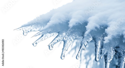 Close up of melting icicles hanging from a roof edge with snow.