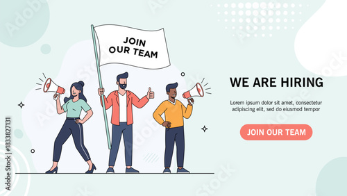 Join Our Team Recruitment Banner – Modern Flat Teamwork and Hiring Vector Illustration. For Poster, Flyer or Landing page concept for UI, Web or Mobile App.