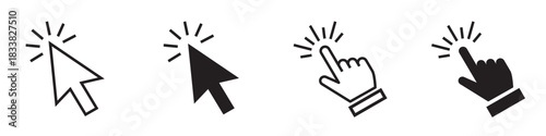 Click cursor icon set with minimal linear and solid symbols including mouse pointer, hand click, tap gesture and click effect elements for UI, apps, websites and digital interfaces in modern outline s