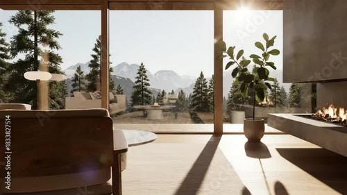 Modern Mountain View Living Room Interior With Warm Sunlight, Cozy Minimal Decor And Large Glass Window Scenic Panorama