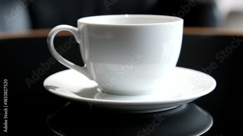 Elegant White Ceramic Coffee Cup And Saucer On Dark Table Surface In Minimal Modern Cafe Setting Scene Viewing
