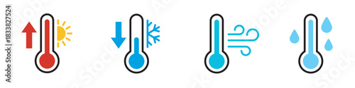 Thermometer icon set with minimal temperature symbols including heat, cold, airflow and humidity indicators, showing climate change, weather conditions and environmental control in clean modern style