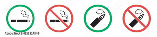 Smoking and vaping icon set with minimal symbols including allowed and prohibited signs for cigarettes and e-cigarettes, featuring green and red circle indicators in clean modern style – stock vector