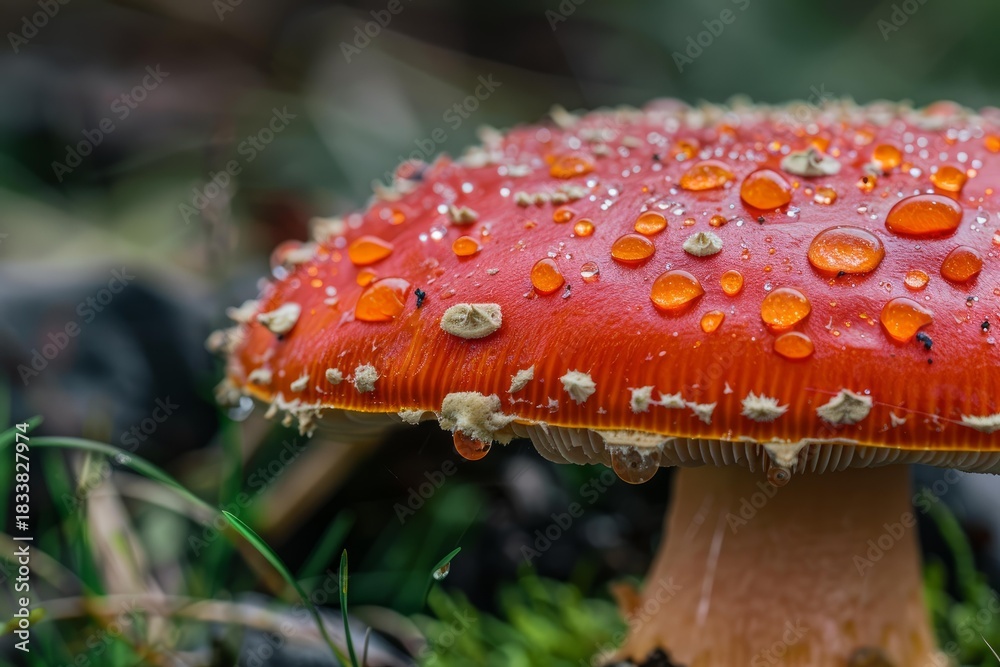 Obraz premium Vibrant red mushroom cap covered in glistening water droplets, thriving in a lush green environment