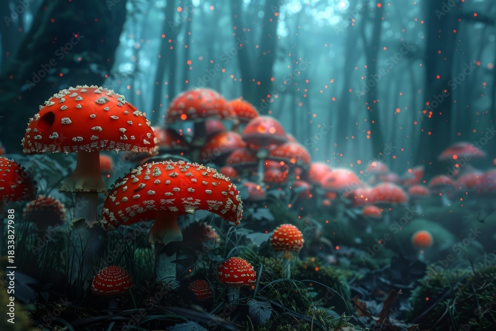 Fototapeta premium Red and white spotted fly agaric mushrooms growing in a mysterious, enchanted forest with glowing particles and fog creating a magical, otherworldly atmosphere