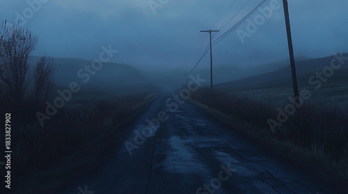 Desolate Blue Hour Rural Road With Wet Puddles And Power Lines At Dusk create a lonely, atmospheric countryside scene.