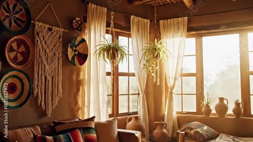 Cozy Bohemian Living Room Interior With Warm Sunlight, Natural Decor Elements And Ethnic Handmade Artistic Details