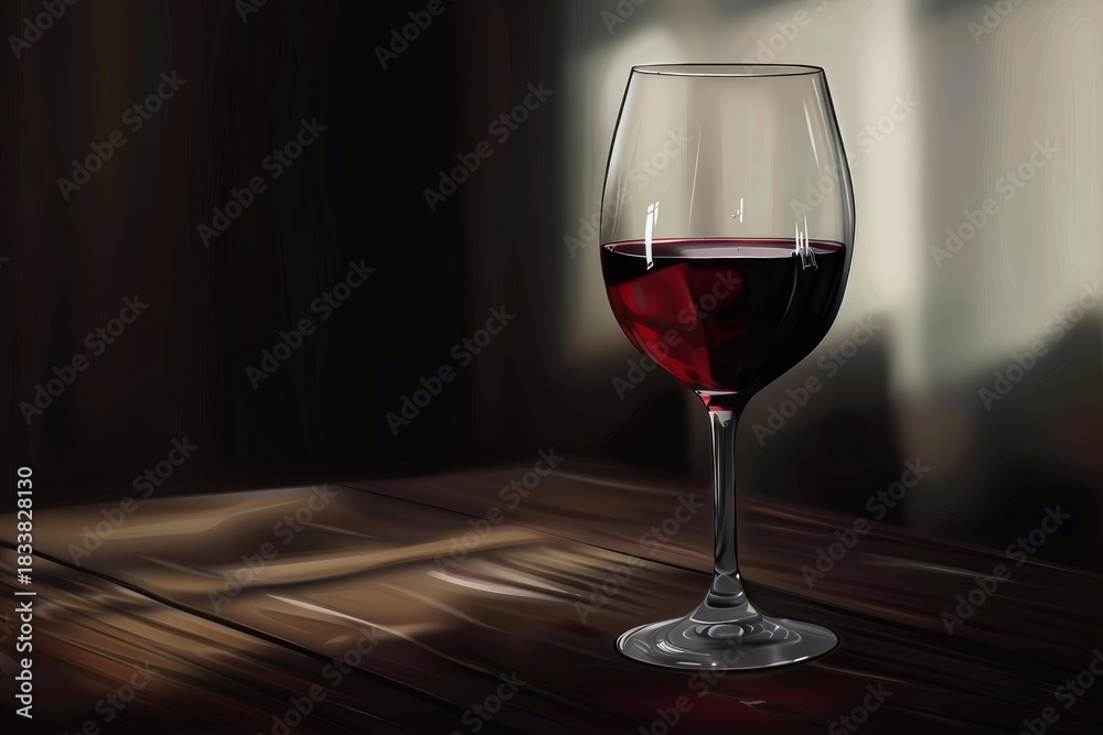 Fototapeta premium Elegant glass of red wine resting on a wooden table, bathed in the warm glow of soft sunlight, creating a cozy and inviting atmosphere