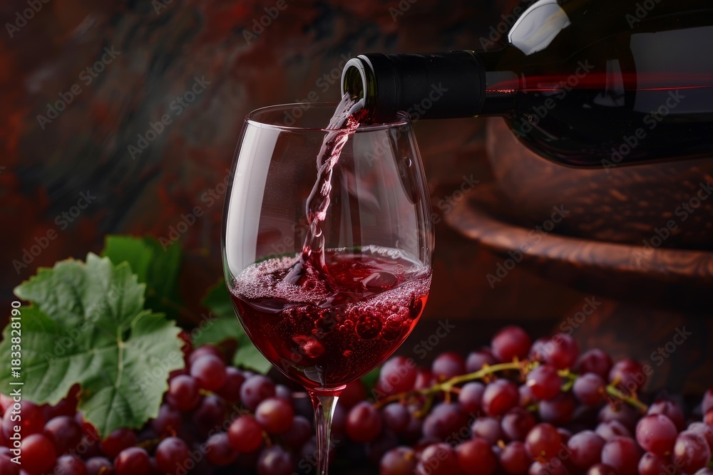 Fototapeta premium Red wine pouring from bottle into glass with fresh grapes and vine leaves on rustic wooden background