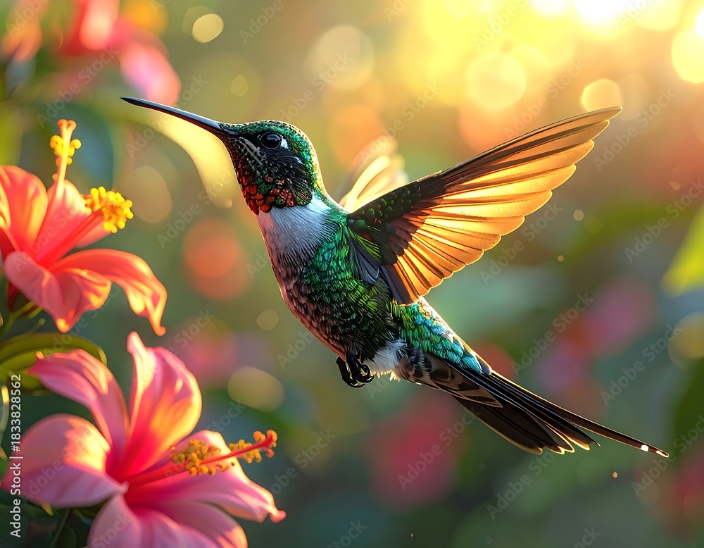 Fototapeta premium Hummingbird in flight, illuminated by sunlight near blooming pink flowers