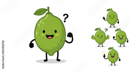 Cheerful and expressive green lime fruit characters in a vector illustration, showcasing various emotions and actions on a white background.