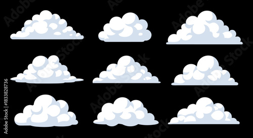 Cartoon vector clouds set with various fluffy shapes and soft colors, ideal for weather forecasts, game design, or sky backgrounds.