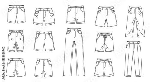 A collection of fashion flat vector illustrations showcasing various styles of shorts and pants, perfect for design resources or clothing line concepts.