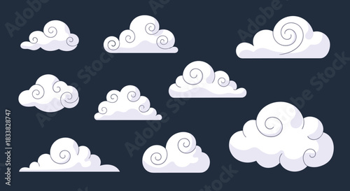 Stylized cartoon clouds with swirly patterns float across a dark sky, perfect for decorative backgrounds or whimsical designs.