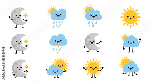 Cute cartoon weather and celestial icons with smiling faces, including a crescent moon, sun, and rainy clouds, on a white background.