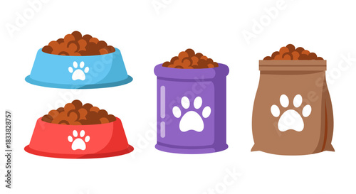 A vibrant illustration showcasing common pet food supplies, including full bowls, a container, and a bag of dry kibble, all marked with paw prints.