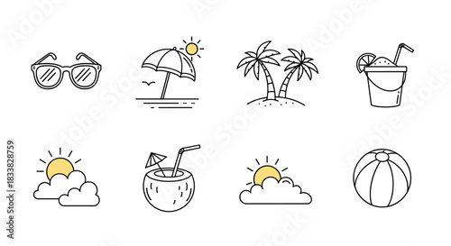 A set of outline vector icons depicting various summer and beach holiday elements, including sunglasses, palm trees, and sun.