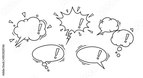 A collection of hand-drawn speech and thought bubbles with exclamation marks, representing communication, alerts, and strong expressions.