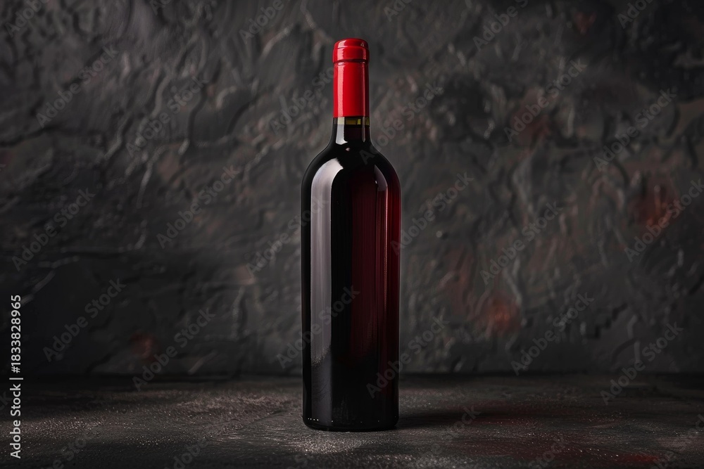 Fototapeta premium Wine bottle with red cap standing on a dark background, creating a sophisticated and inviting image