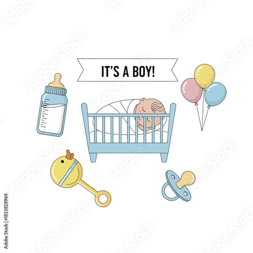 Hand drawn vector illustration set for a newborn baby boy announcement.