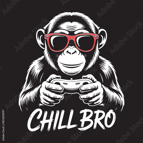 White Engraved Chimpanzee with Sunglasses Holding Game Controller – “CHILL BRO” Graphic Design