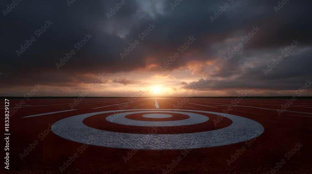 Fototapeta premium Dramatic sunset over a running track with a target symbolizing goals and achievement