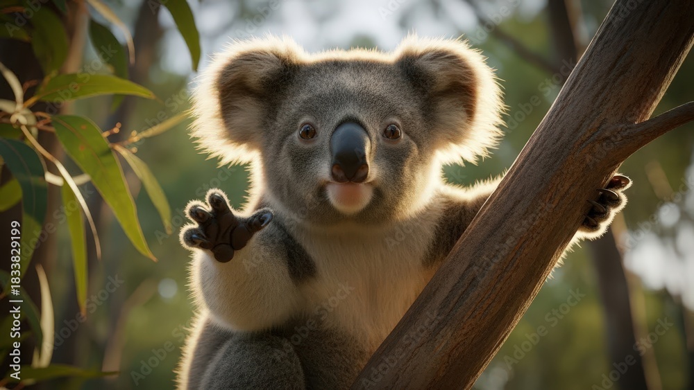 Fototapeta premium Koala sitting on tree branch looking at camera in sunlit forest, with fur glowing from bright sun