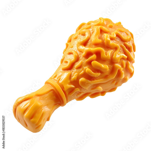 A bright orange plastic toy drumstick styled to look like fried chicken isolated on white