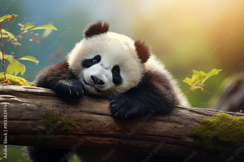 Naklejka premium Cute baby panda resting on a tree branch, enjoying the sunlight filtering through the leaves