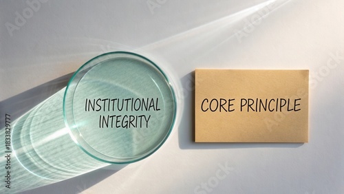 Glass with reflections displaying institutional integrity concept beside a note describing core principle in a minimalistic setting