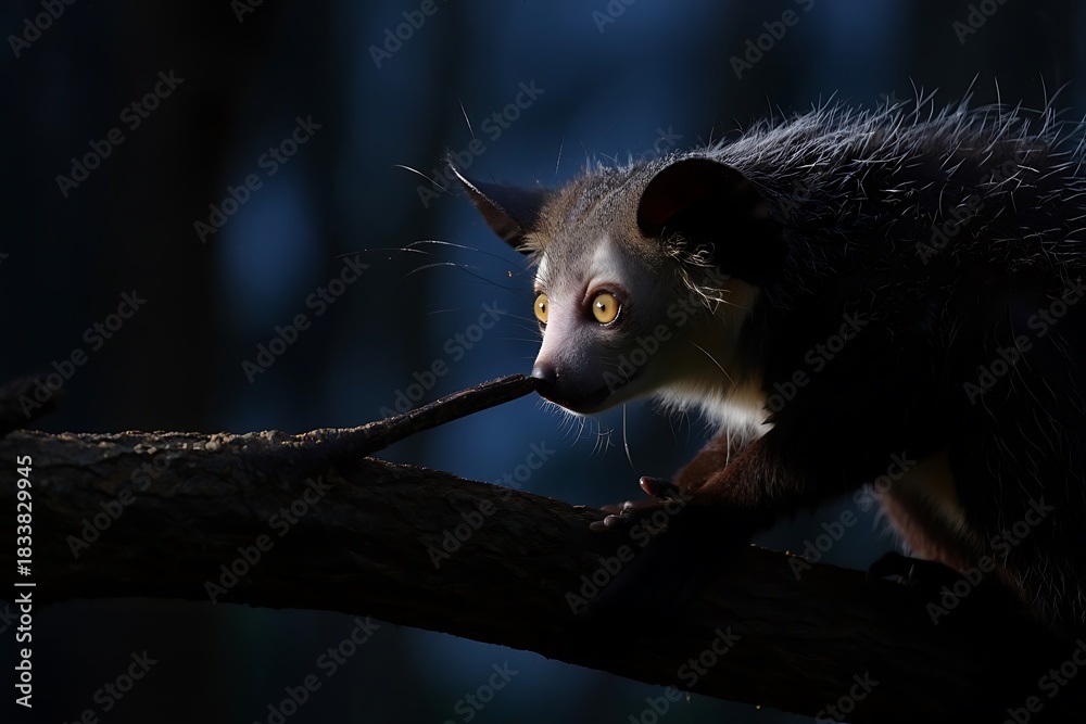 Obraz premium Aye-Aye Lemur Close-Up in Natural Habitat – Nocturnal Primate with Yellow Eyes and Large Ears