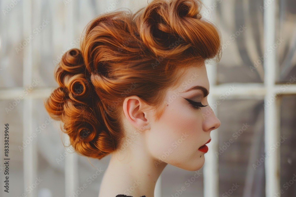 Naklejka premium Profile of a beautiful woman with red hair in retro style and elegant makeup