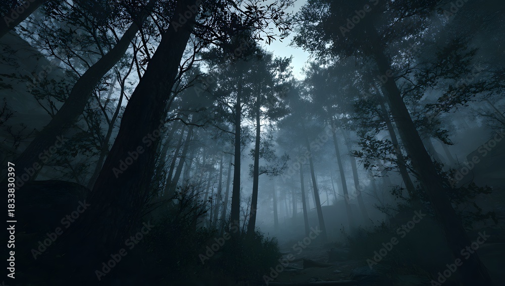 Obraz premium Eerie dark forest path shrouded in mist with tall trees and atmospheric lighting creating a mysterious and secluded woodland scene