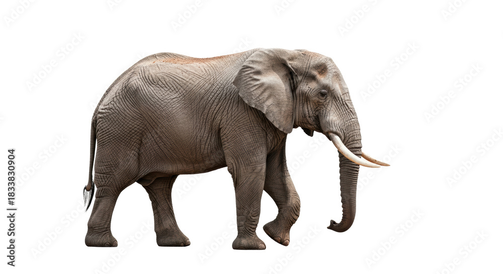 Fototapeta premium majestic full-body studio portrait of an african bush elephant in side profile, massive grey wrinkled skin and ivory tusks, moving slowly on a transparent background with copy space. concept for