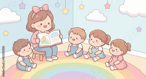 “Cute kawaii teacher reading a picture book to smiling children sitting on a rainbow rug, pastel tones, chubby rounded characters.”