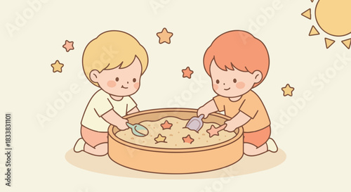 “Kawaii sensory play with sand and tiny star-shaped toys, soft warm palette, chibi-style kids, minimal design. flat vectoy style solid colour”