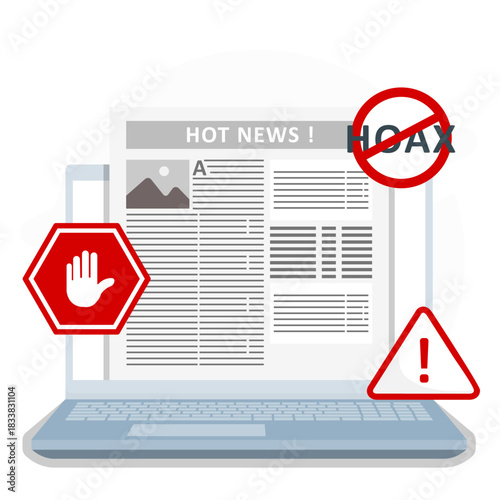 Illustration showing a laptop screen with news content, warning signs, and a no hoax symbol. Representing misinformation prevention, fake news alerts, and online information safety