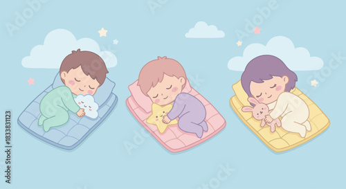 “Kawaii kids napping on tiny pastel mats with small plush toys, gentle dreamy palette, cute sleepy expressions.”  flat vector style solid colour”